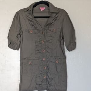 Shescool Brown Button up Gathered‎ Military Utility Long Shirt y2k | medium